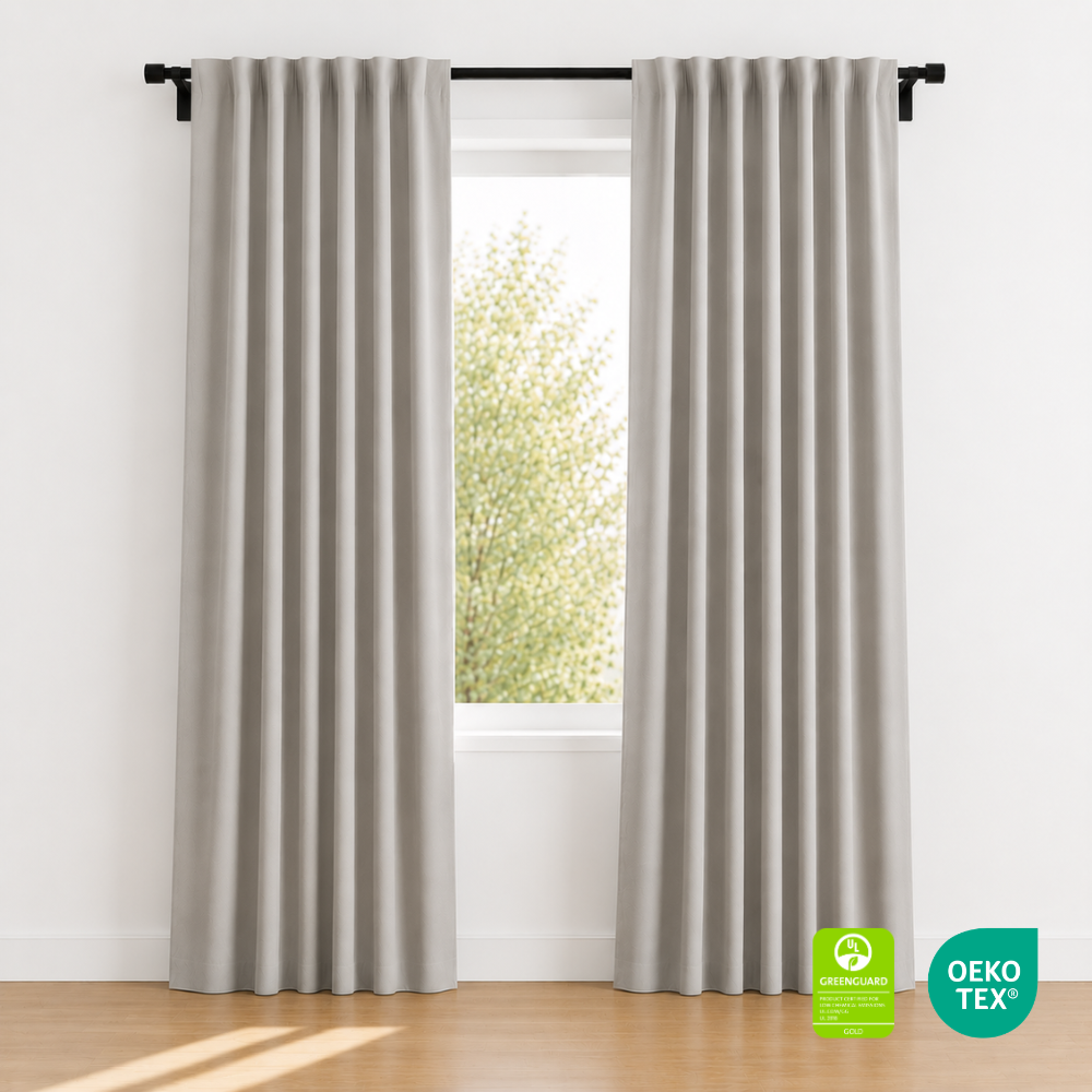 Sleepout Home Blackout Curtains hung on a curtain rod